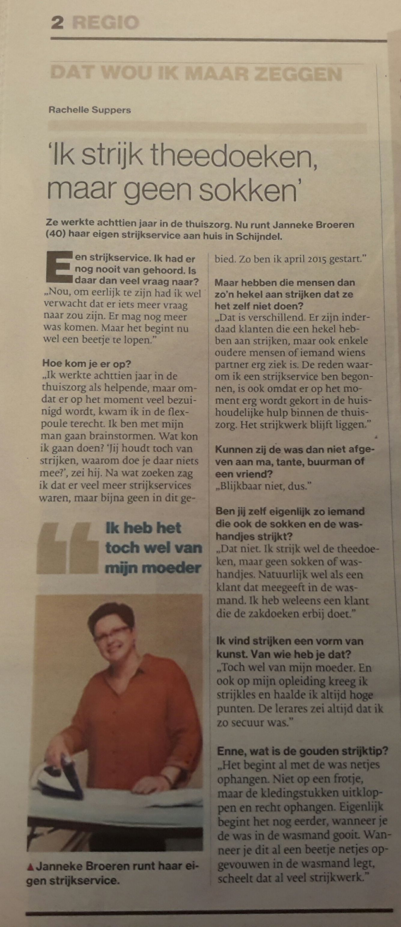 Interview met  Janneke's Strijkservice in Brabants Dagblad